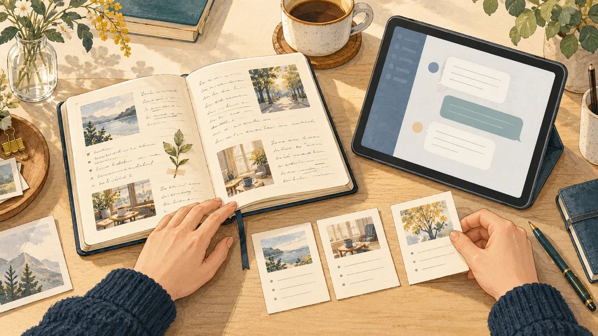 日々の記録を読み返し、AIとの対話をもとに次の予定を考える場面