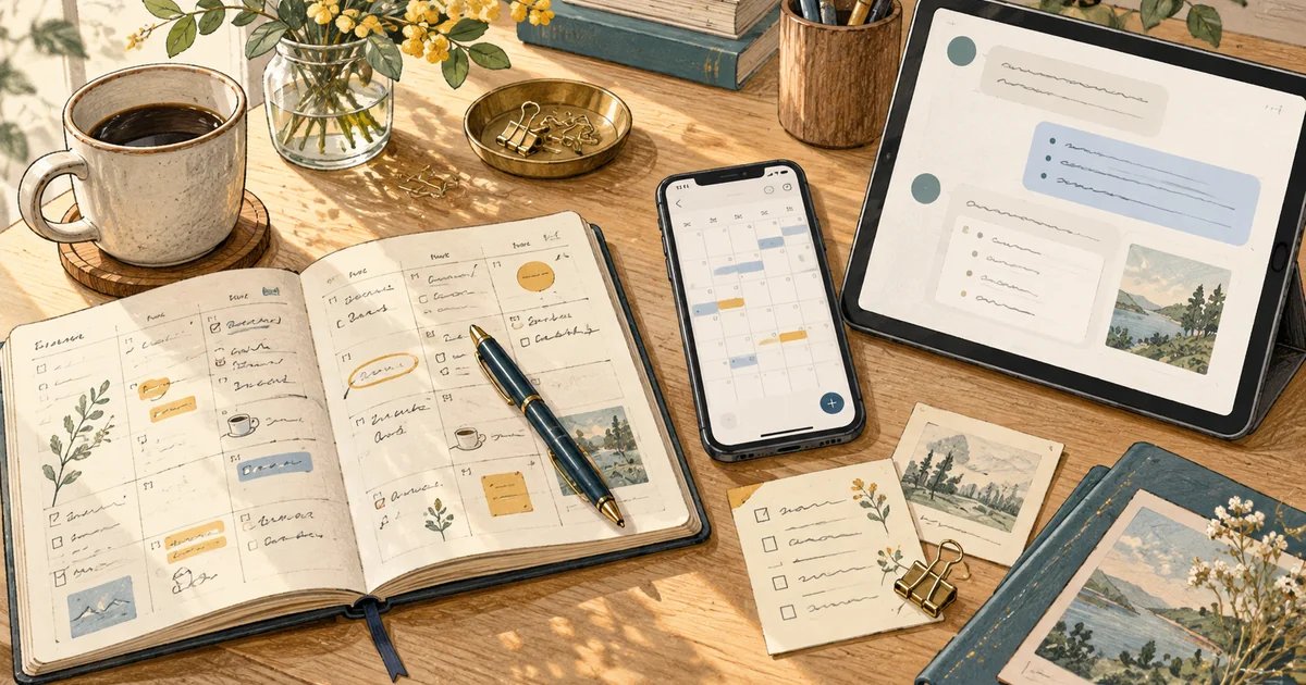 紙の手帳、スマホのカレンダー、AIとの対話を並べた机