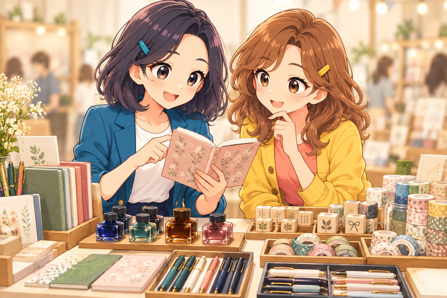 ふみとりこがノートやインク、スタンプを見ているイラスト