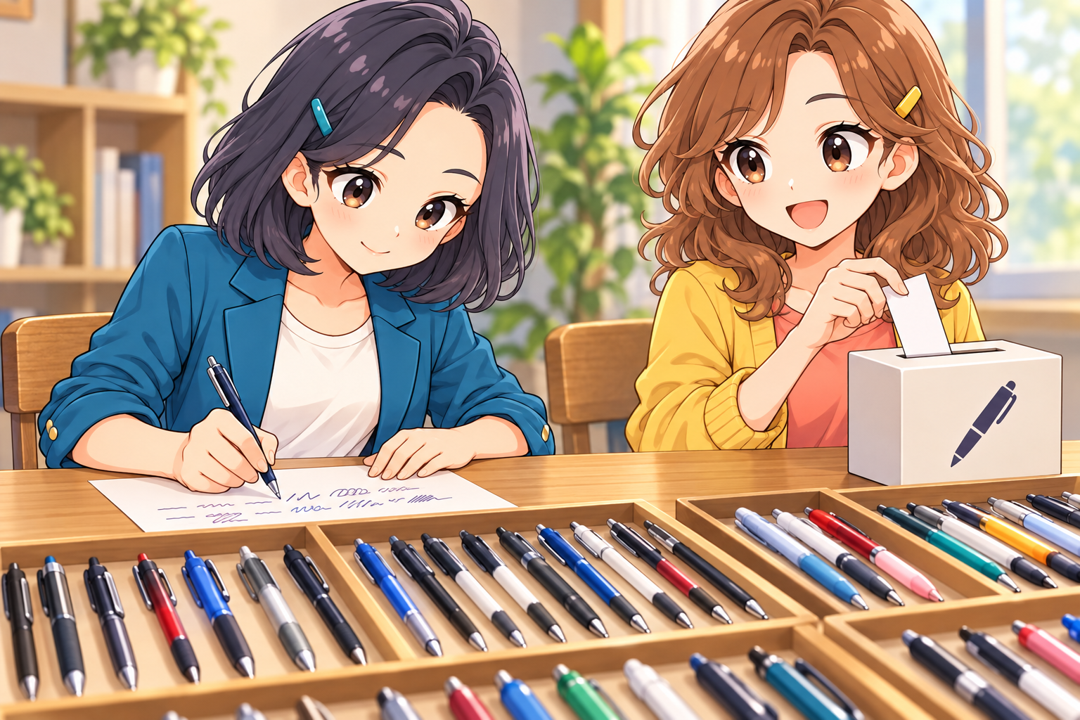 ふみがペンを試し書きし、りこが投票用紙を箱に入れるイラスト