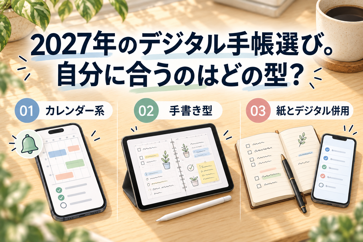 カレンダー系、手書き型、紙とデジタル併用の3タイプを並べた、2027年のデジタル手帳選びのイメージ