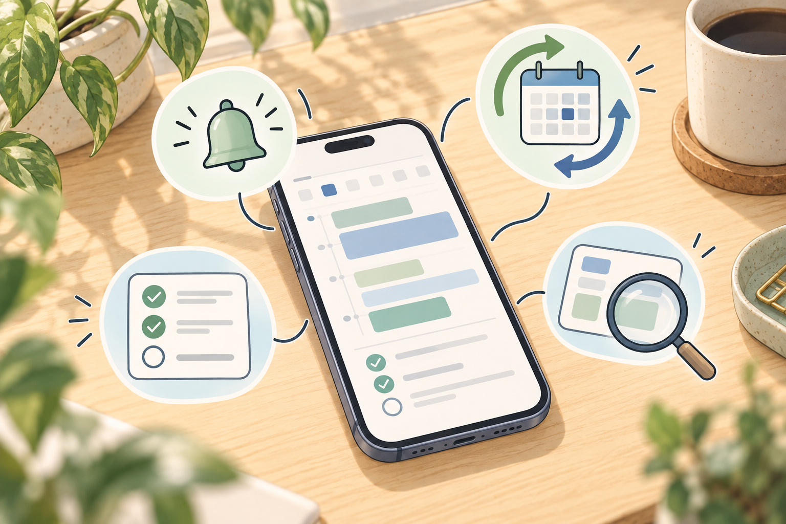 スマートフォンと、通知・繰り返し予定・タスク管理・検索を表すアイコンのイラスト