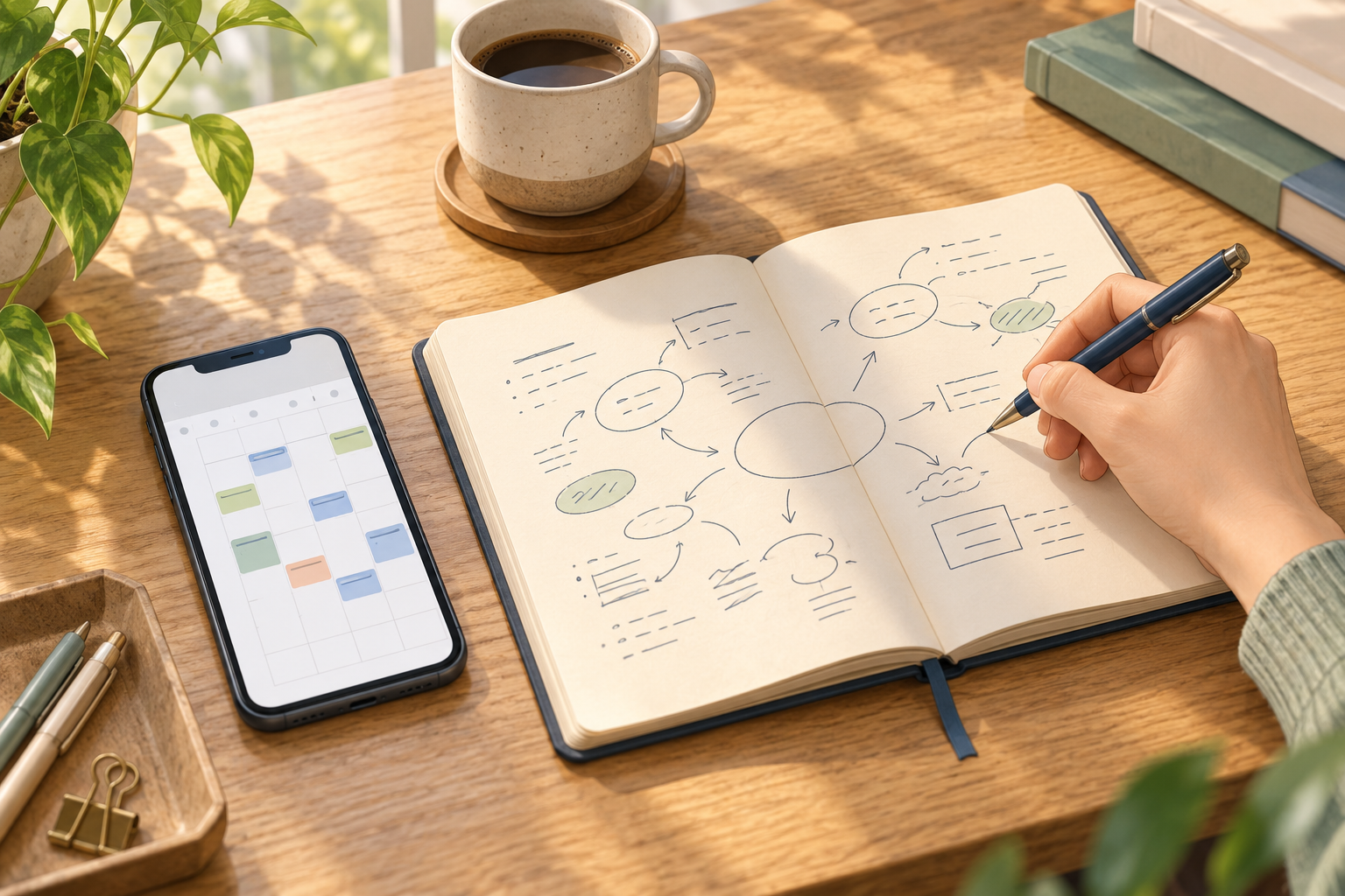 予定を表示するスマートフォンの横で、紙のノートにペンで図やメモを書き込む手元のイラスト