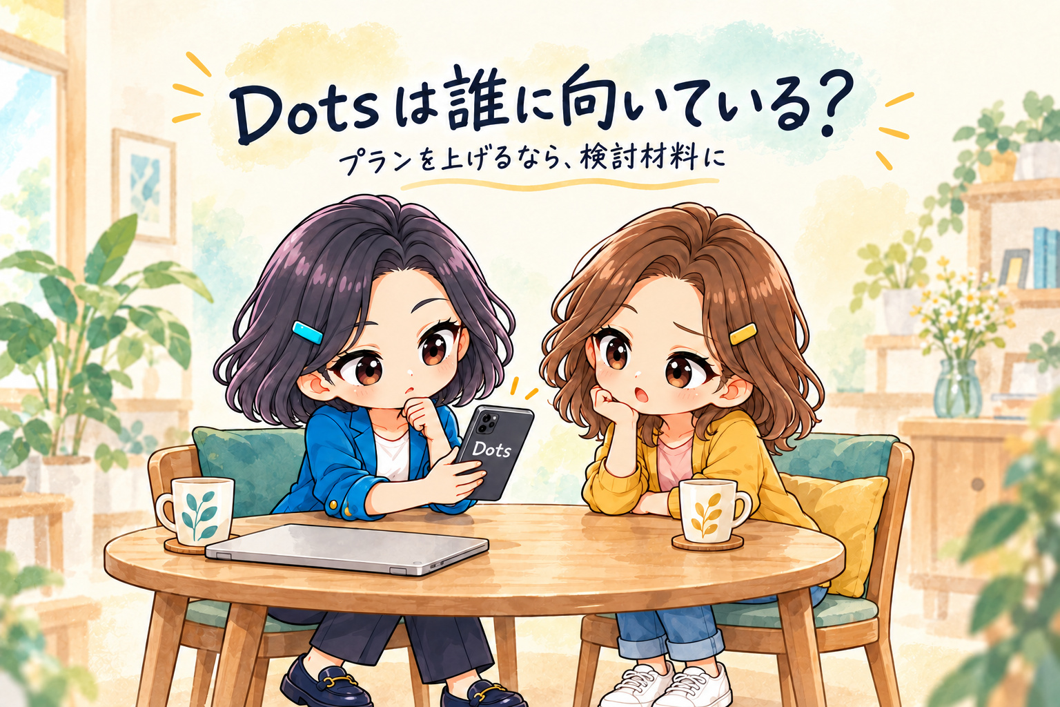 ふみとりこがDotsの利用とプラン変更を検討する場面