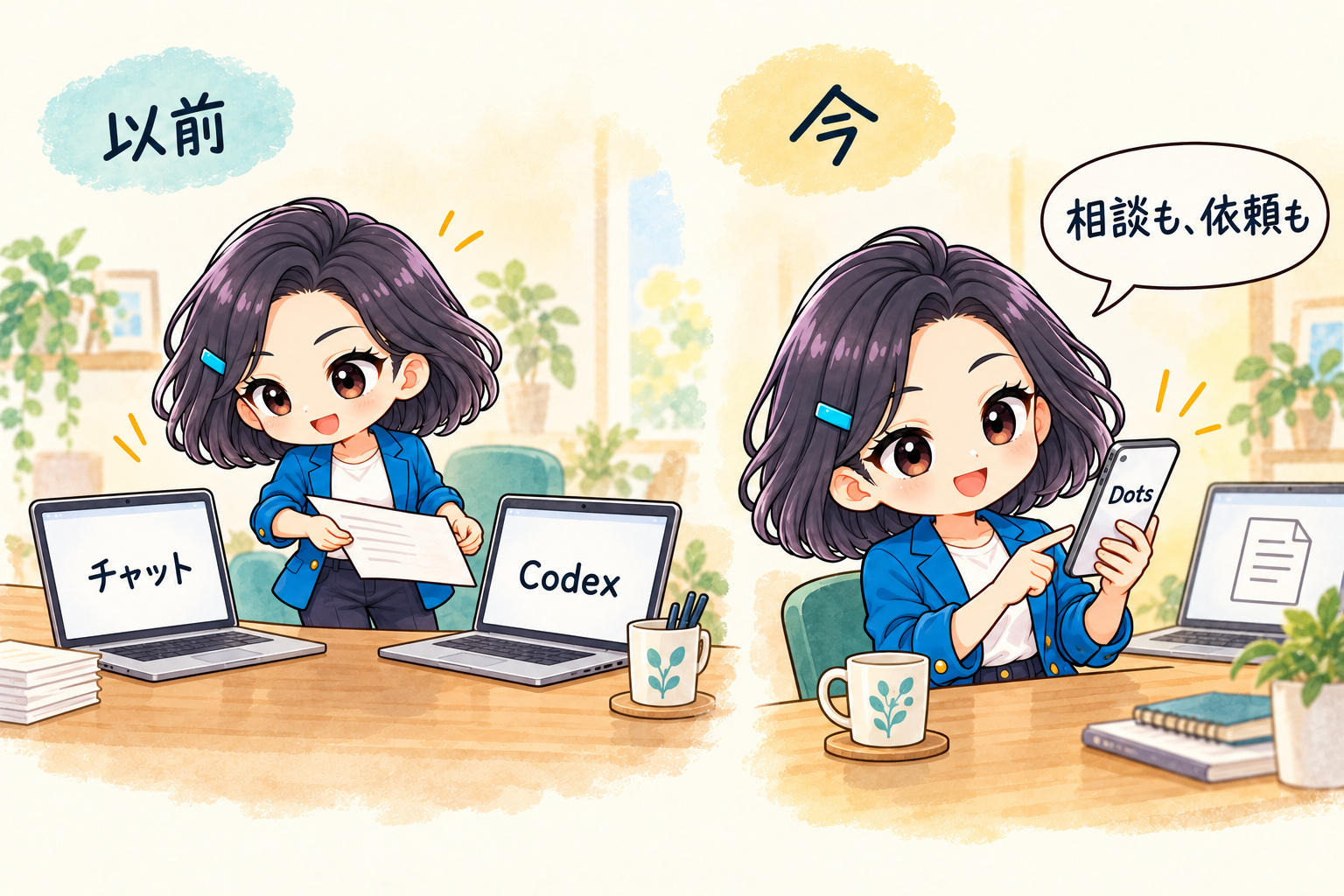 チャットとCodexの間で受け渡す以前と、Dotsへ相談・依頼する今の対比