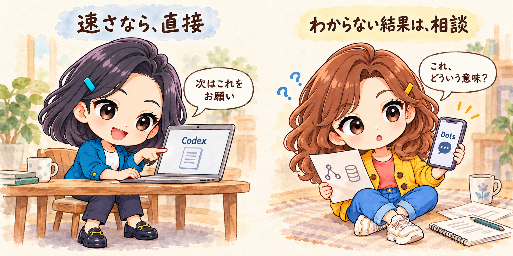 Codexへ直接指示するふみと、Dotsへ結果の意味を相談するりこ
