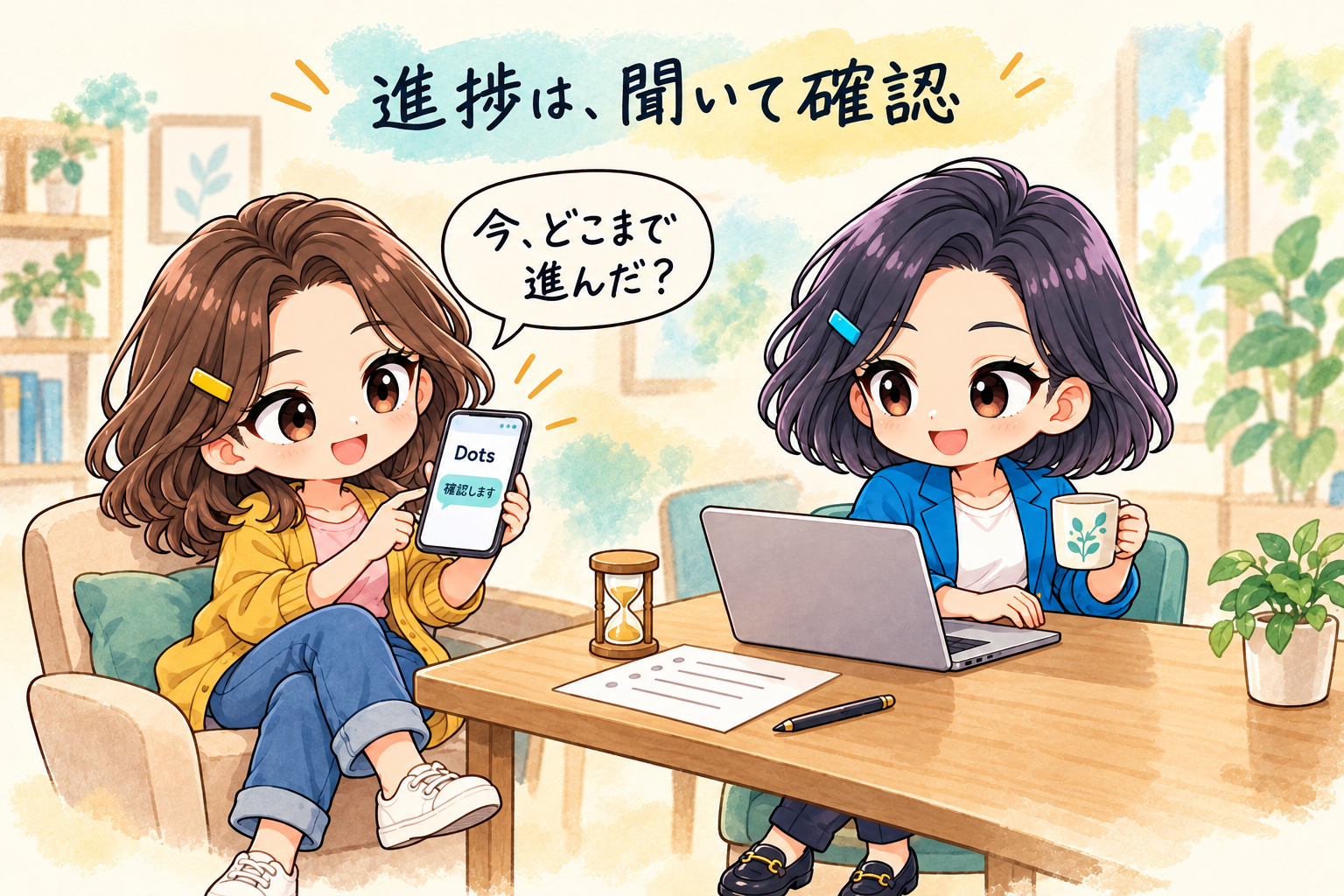 Dotsへ作業の進捗を聞いて確認する場面