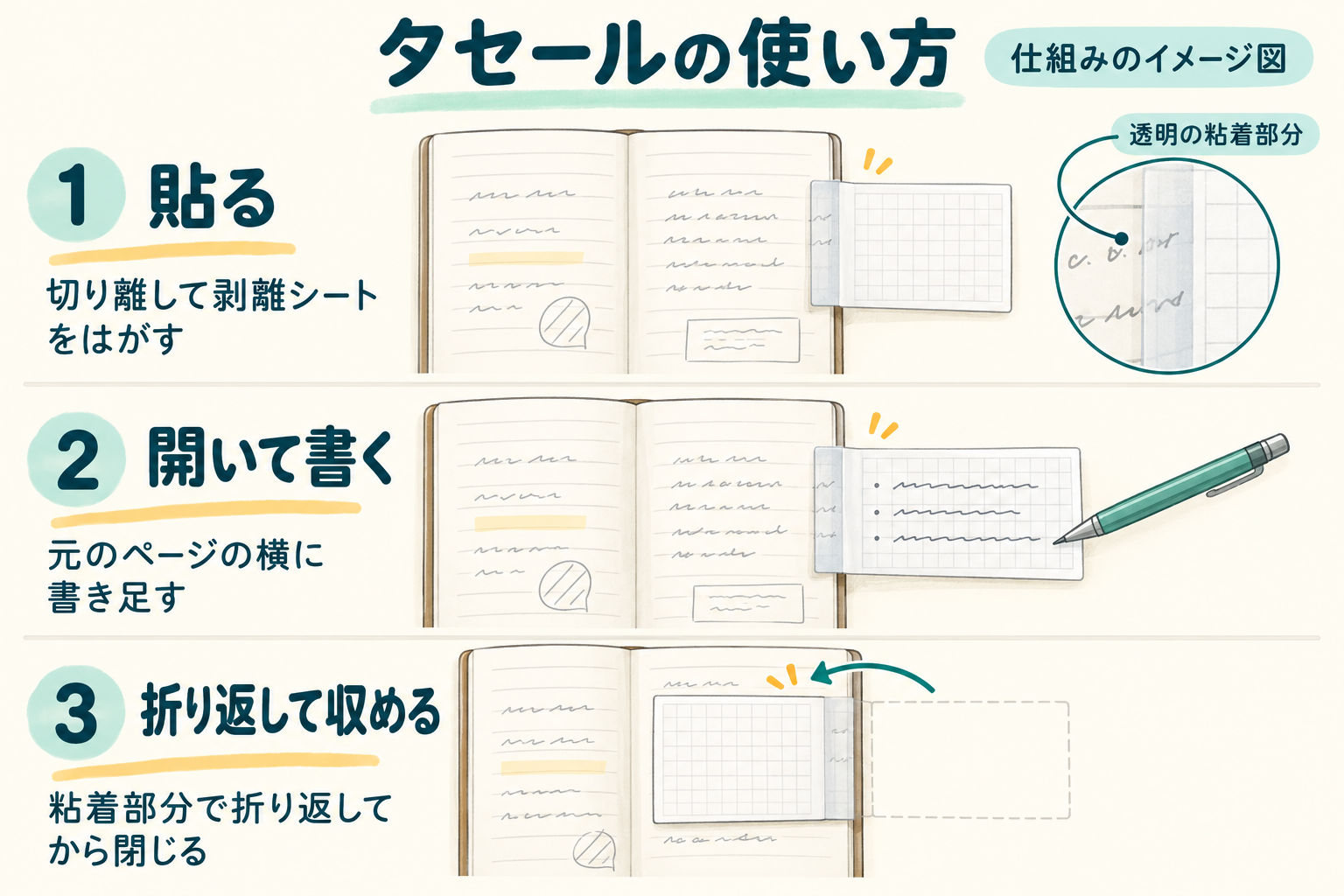 タセールを貼る、外へ開いて書く、透明粘着部分で内側へ折り返す3段階の図解。