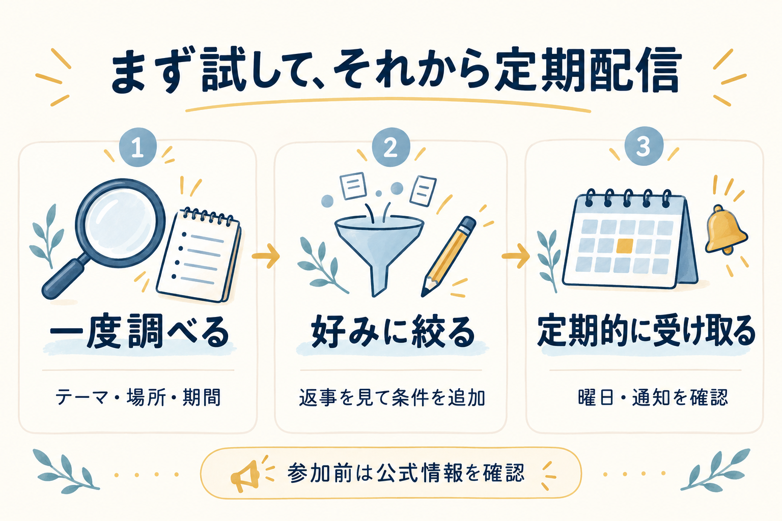 一度調べる、好みに絞る、定期的に受け取る、の3段階。参加前は公式情報を確認する。