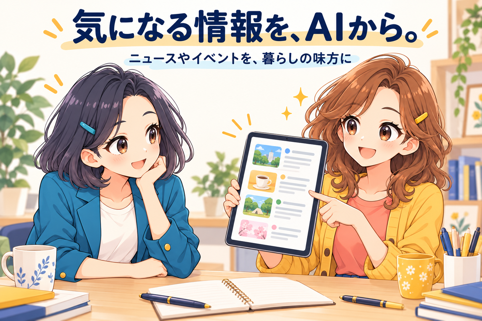 気になる情報を表示したタブレットを見ながら話す、ふみとりこ。