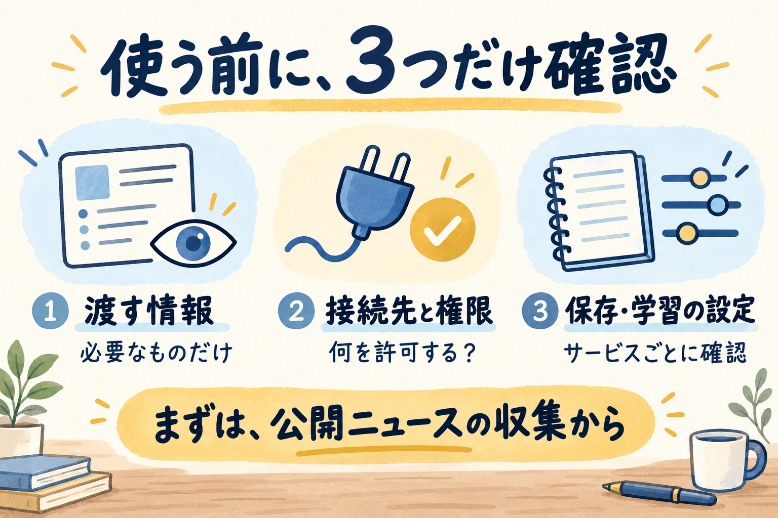 渡す情報、接続先と権限、保存・学習の設定を確認し、公開ニュース収集から始める図。