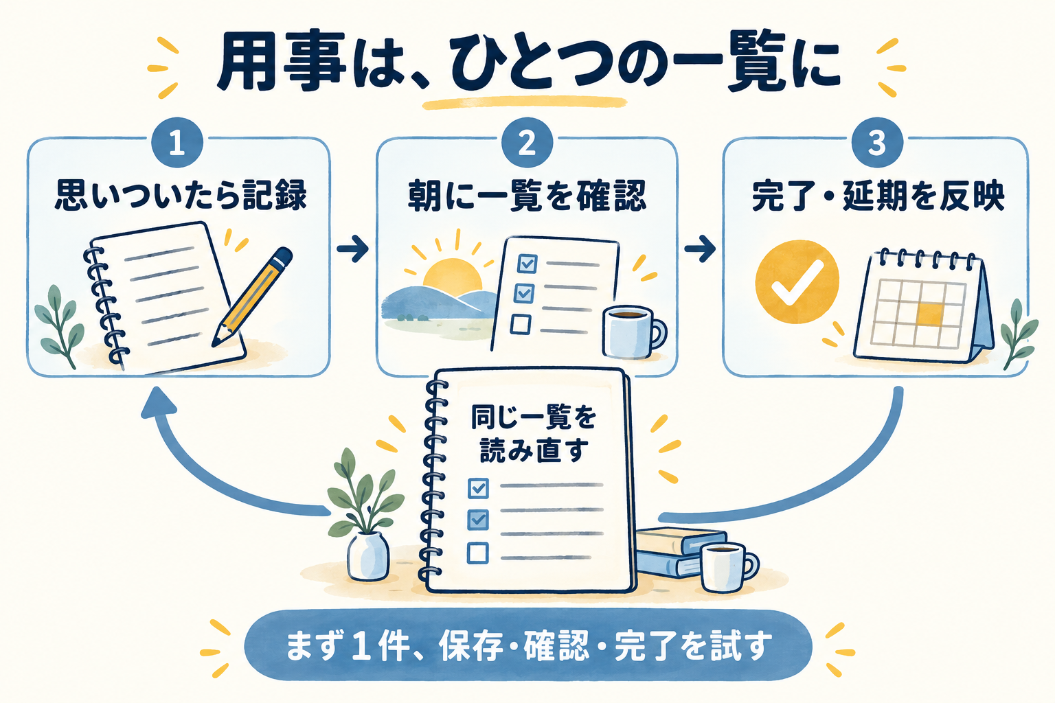 思いついた用事を記録し、朝に一覧を確認し、完了・延期を反映する循環。