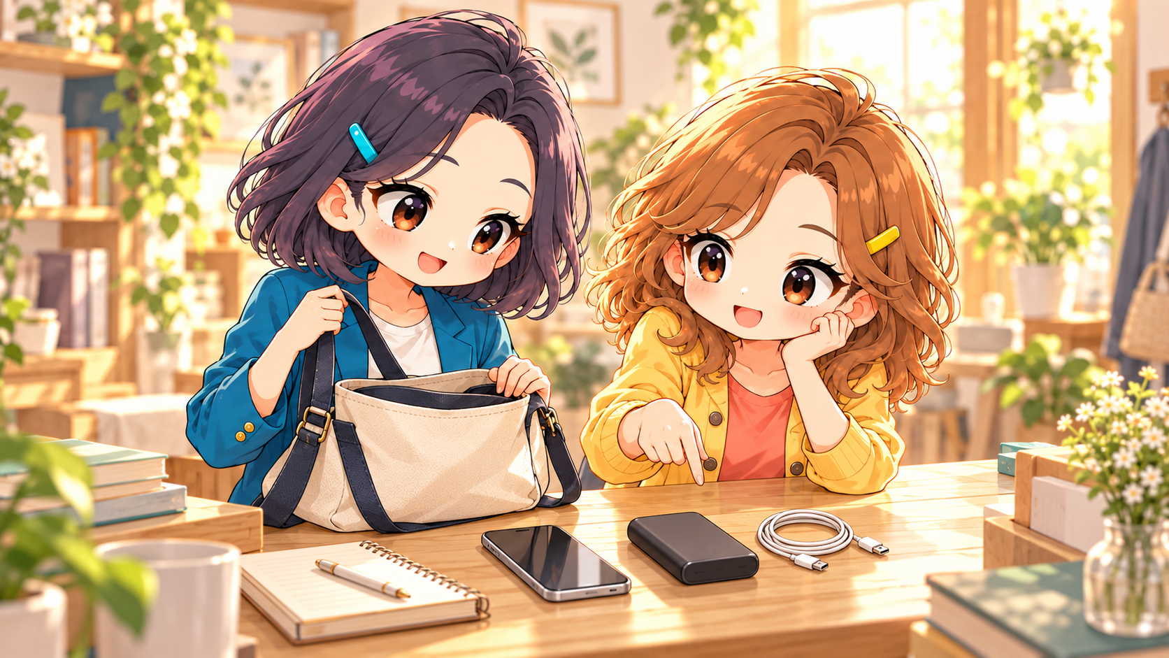 ふみとりこがバッグ、スマートフォン、バッテリーとケーブルを机に並べて確認するイラスト。