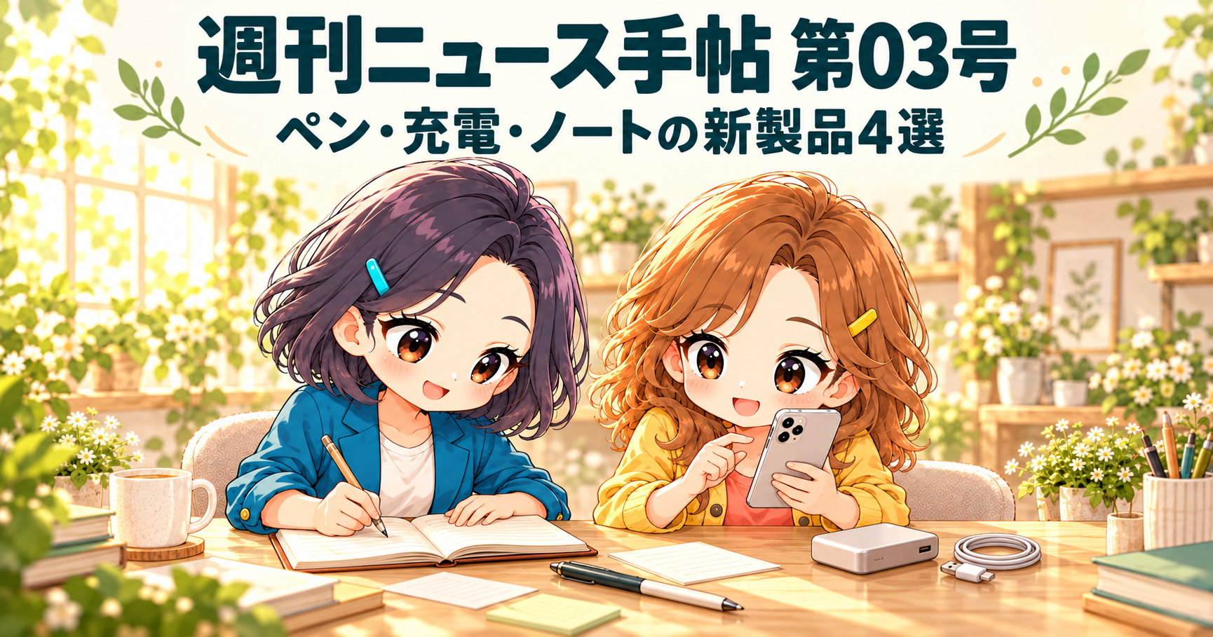 机でノートを書くふみと、スマートフォンを確認するりこ。