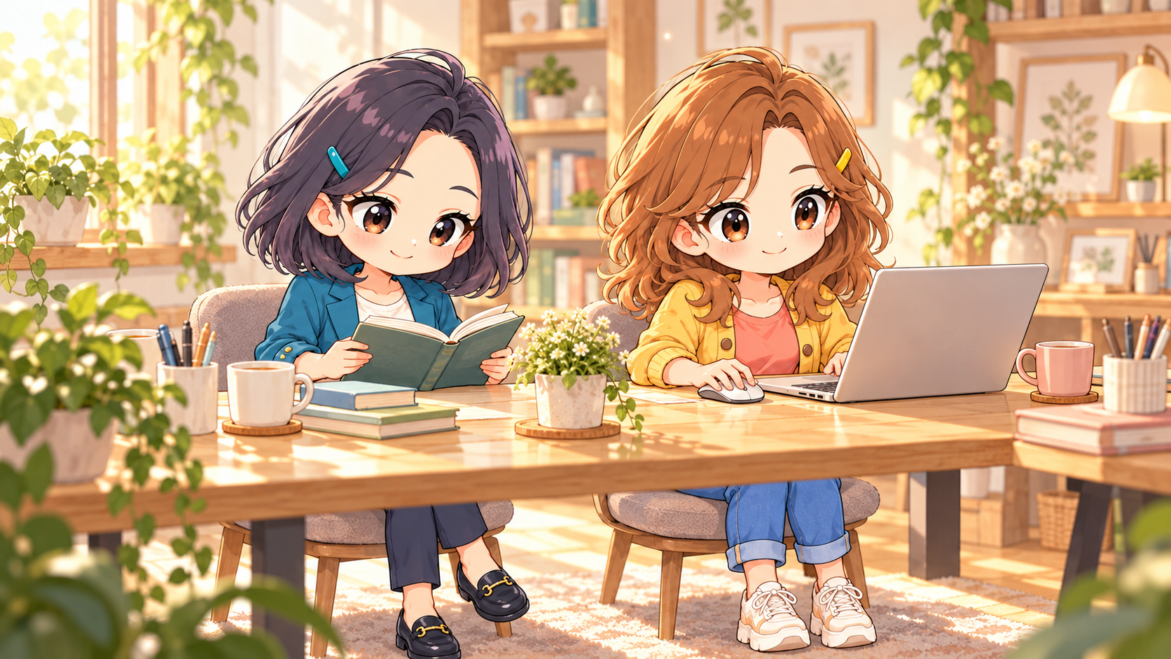 ふみが本を読み、隣でりこがノートパソコンとマウスを使う静かな共有デスク