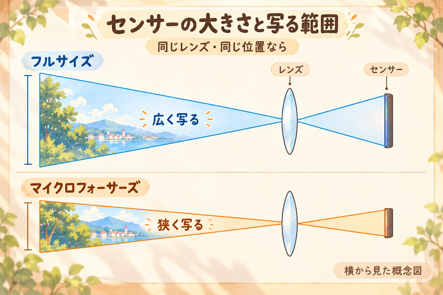 同じレンズと同じ位置で、フルサイズとマイクロフォーサーズのセンサーが写す範囲を横から比べた概念図。小さいセンサーでは中央の狭い範囲が写る。