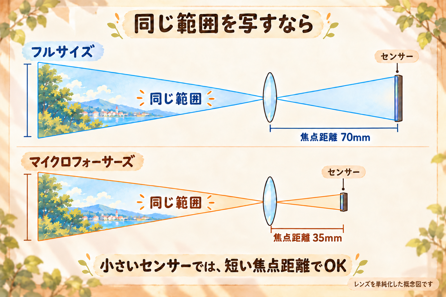 レンズを単純化した模式図。寸法・縮尺は実物と異なります