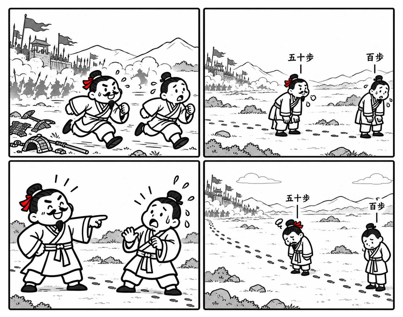 五十歩百歩の故事を描く4コマ