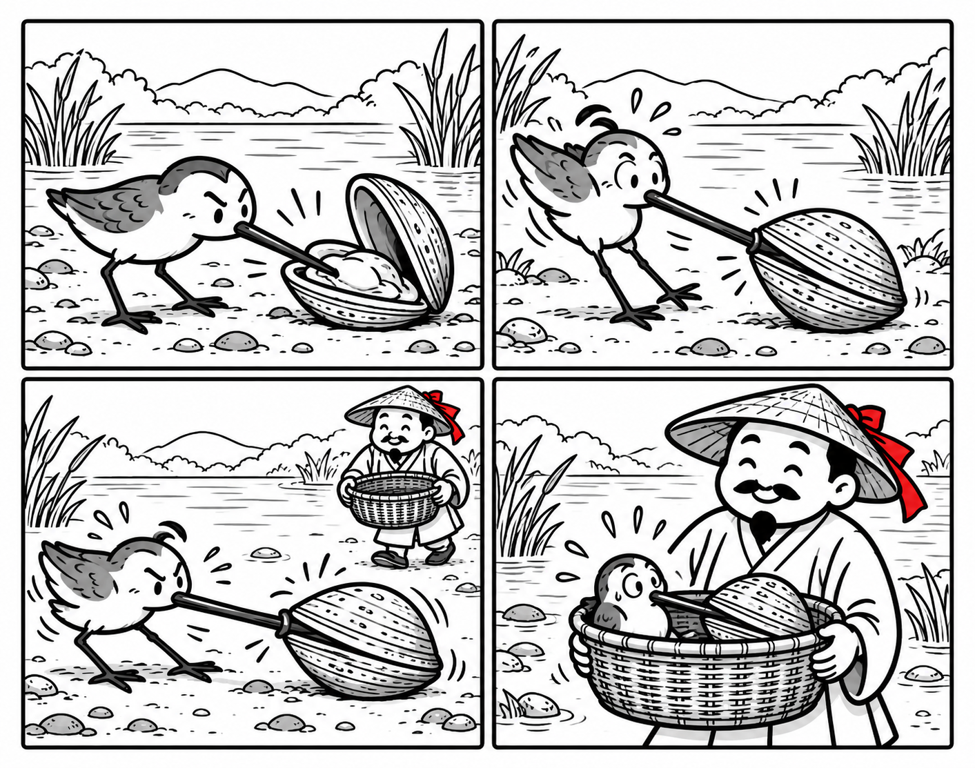 漁夫の利の故事を描く4コマ