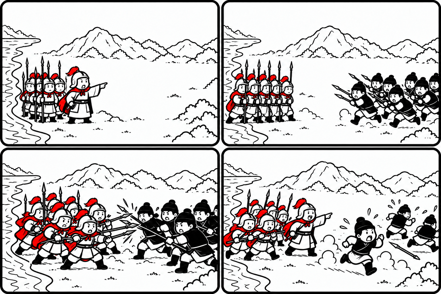 背水の陣の故事を描く4コマ