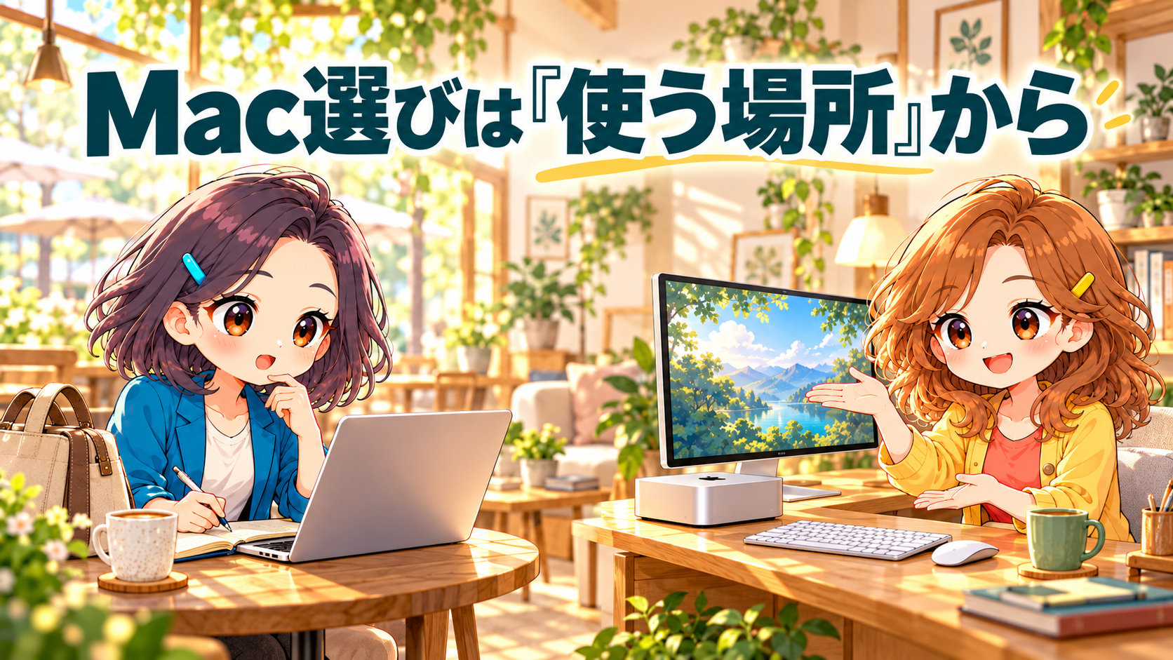 バッグとノートパソコンのあるカフェ席と、モニター付きのデスク環境をふみとりこが見比べるイラスト