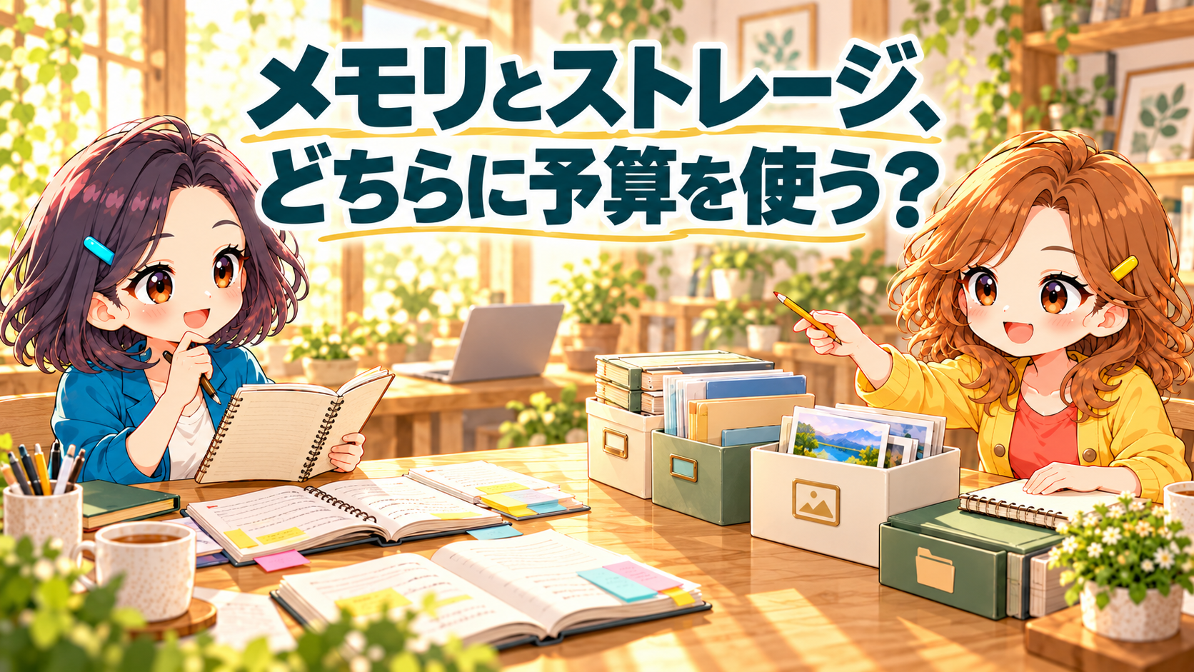 机に広げた本とノート、写真やファイルの収納箱を前に、ふみとりこが話すイラスト