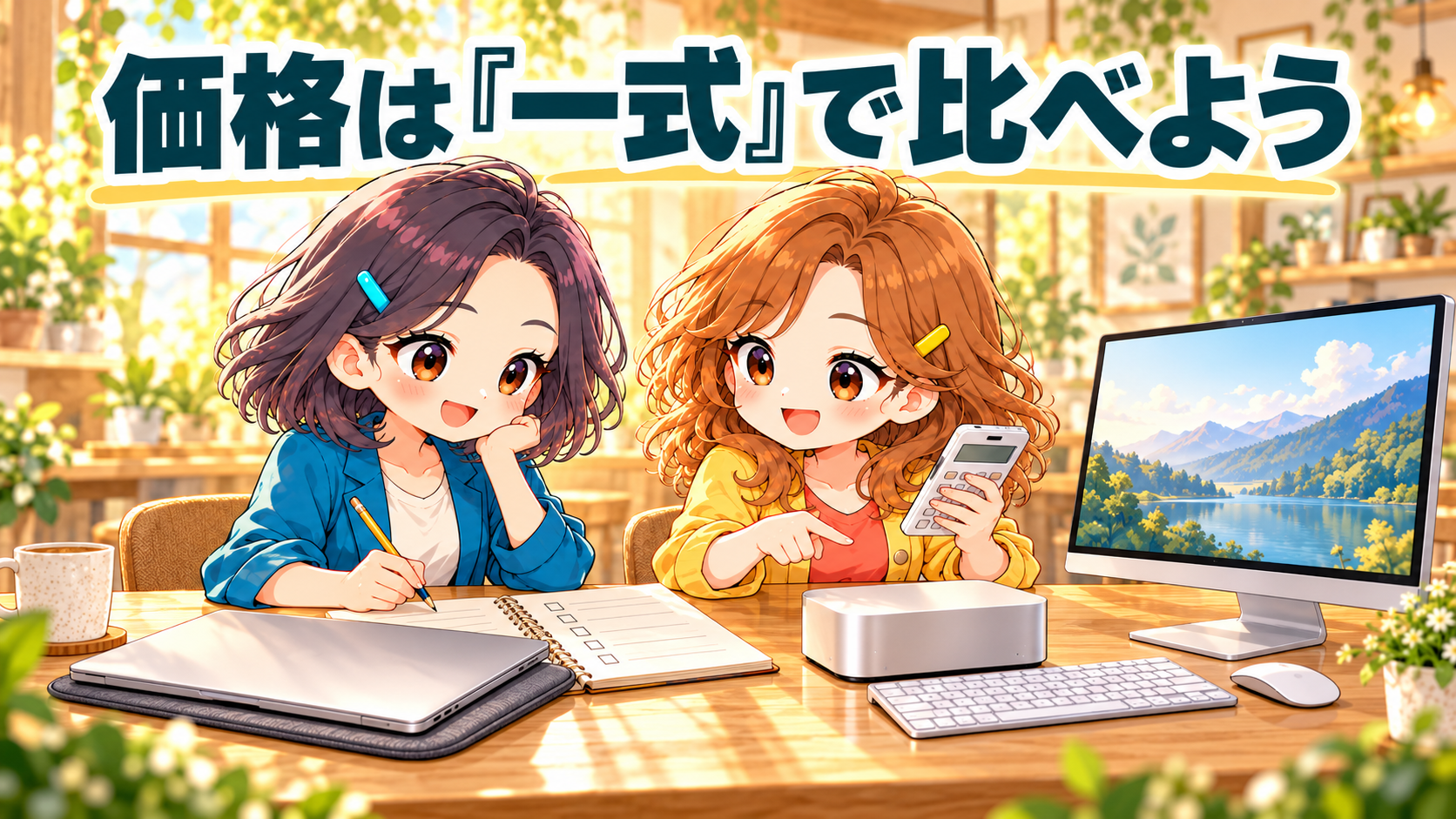ふみがノートに書き込み、りこが電卓を持ちながら、ノートパソコンとデスクトップ一式を比べるイラスト