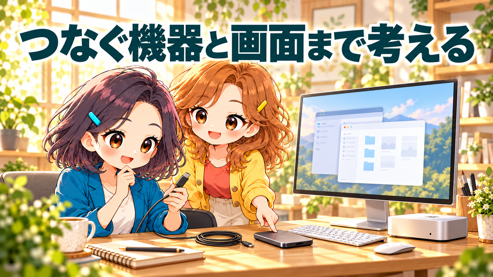 ふみがケーブルを持ち、りこが外付けドライブを示す、モニターと小型パソコンのある机のイラスト