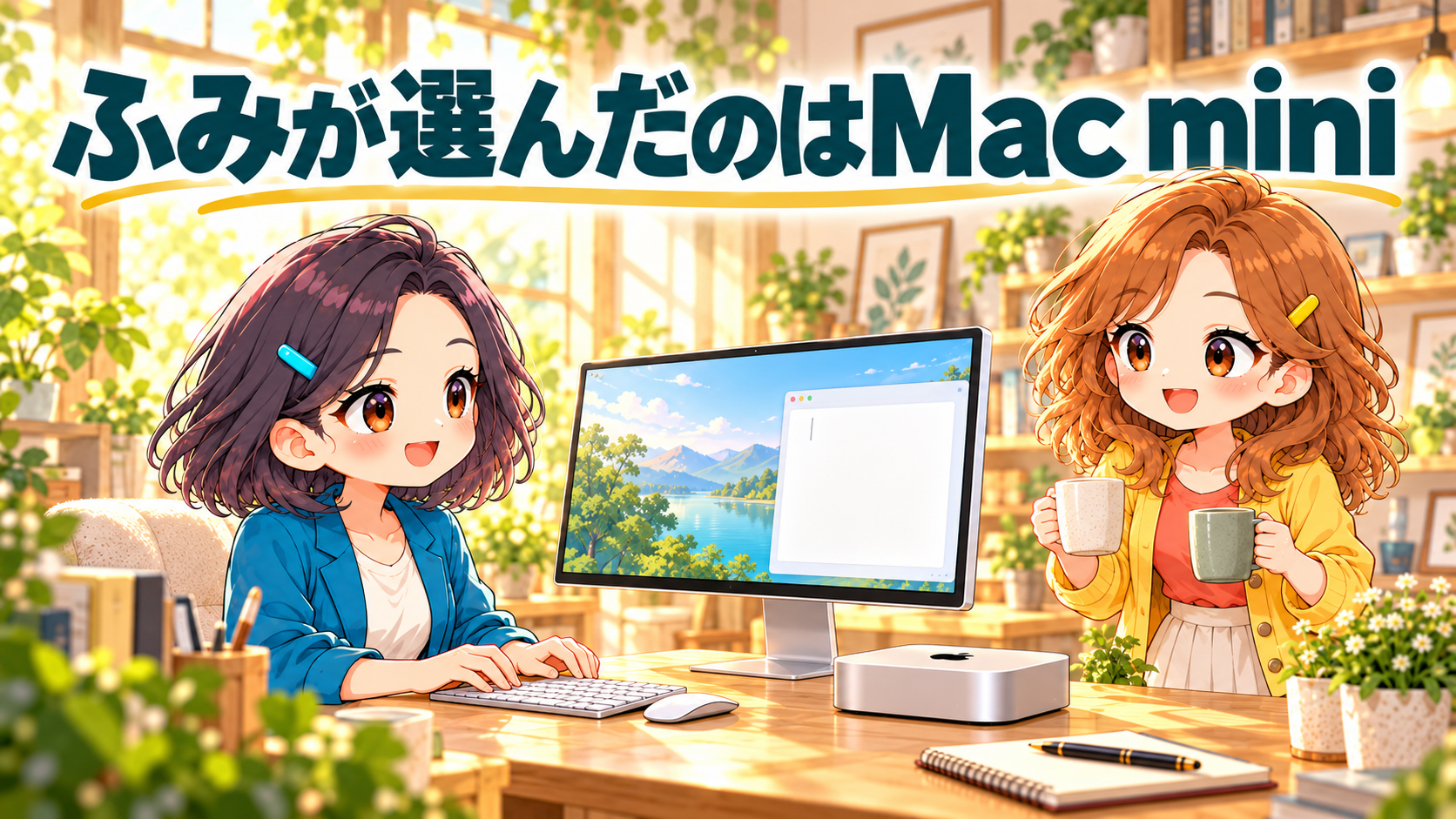 ふみが小型デスクトップのある机でキーボードに手を置き、りこが二つのマグカップを持つイラスト