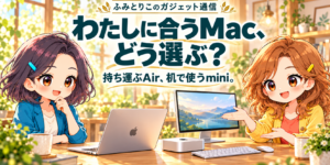 ふみとりこがカフェでMacBook AirとMac miniの選び方を相談するイラスト