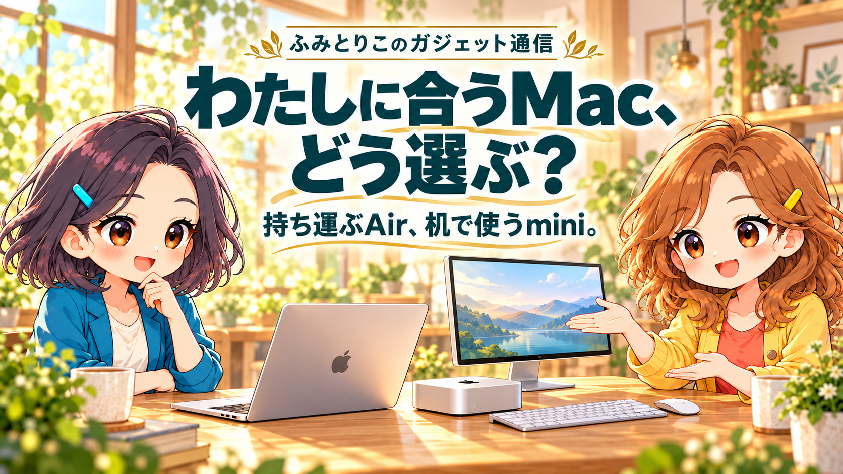 カフェでふみとりこが、ノート型と小型デスクトップ型のMacを見比べるイラスト