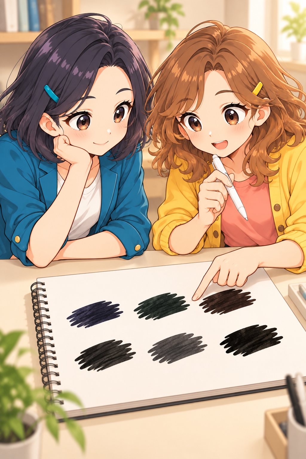 ふみとりこがノートに描かれたさまざまな黒を見比べるイラスト