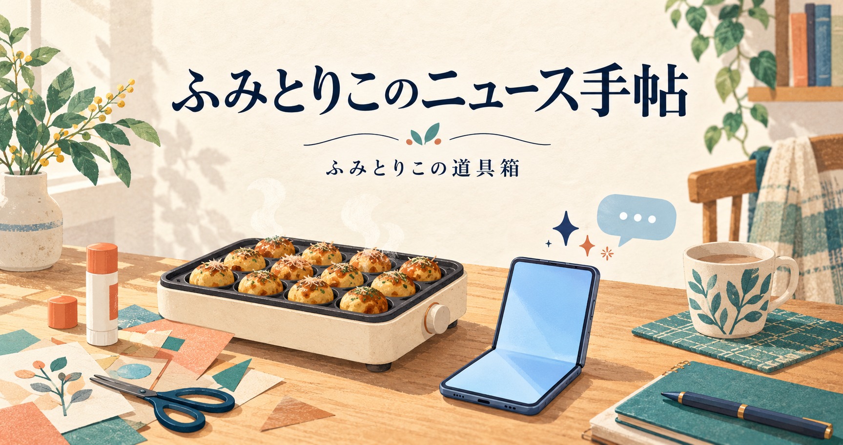 のりと工作用紙、たこ焼きプレート、折りたたみ端末を卓上に描いた「ふみとりこのニュース手帖」のイラスト